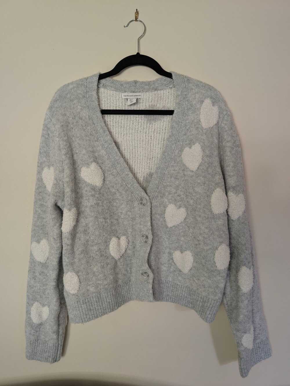 NWOT Cupcakes and Cashmere Cozy Gray Heart Pattern Cardigan Sweater